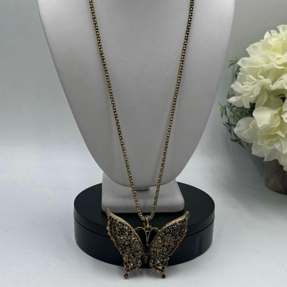 Betsey Johnson Topaz Rhinestone Butterfly Pendant Gold Tone Necklace New